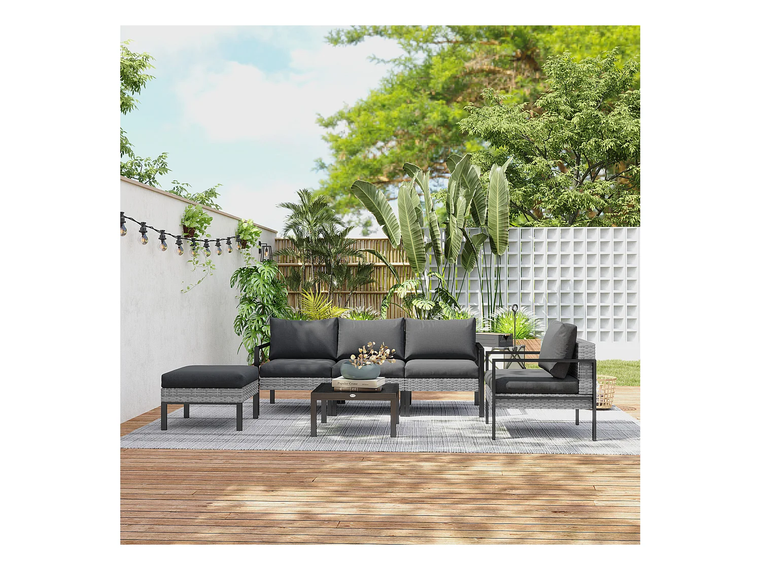 Ensemble salon de jardin 5 places 4 pièces coussins anthracite métal époxy noir résine tressée 2 fils gris