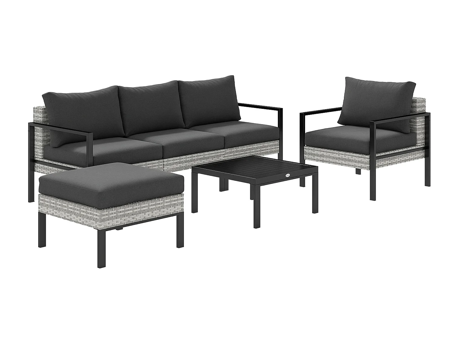 Ensemble salon de jardin 5 places 4 pièces coussins anthracite métal époxy noir résine tressée 2 fils gris