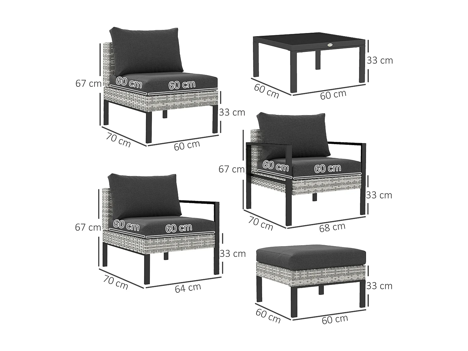 Ensemble salon de jardin 5 places 4 pièces coussins anthracite métal époxy noir résine tressée 2 fils gris