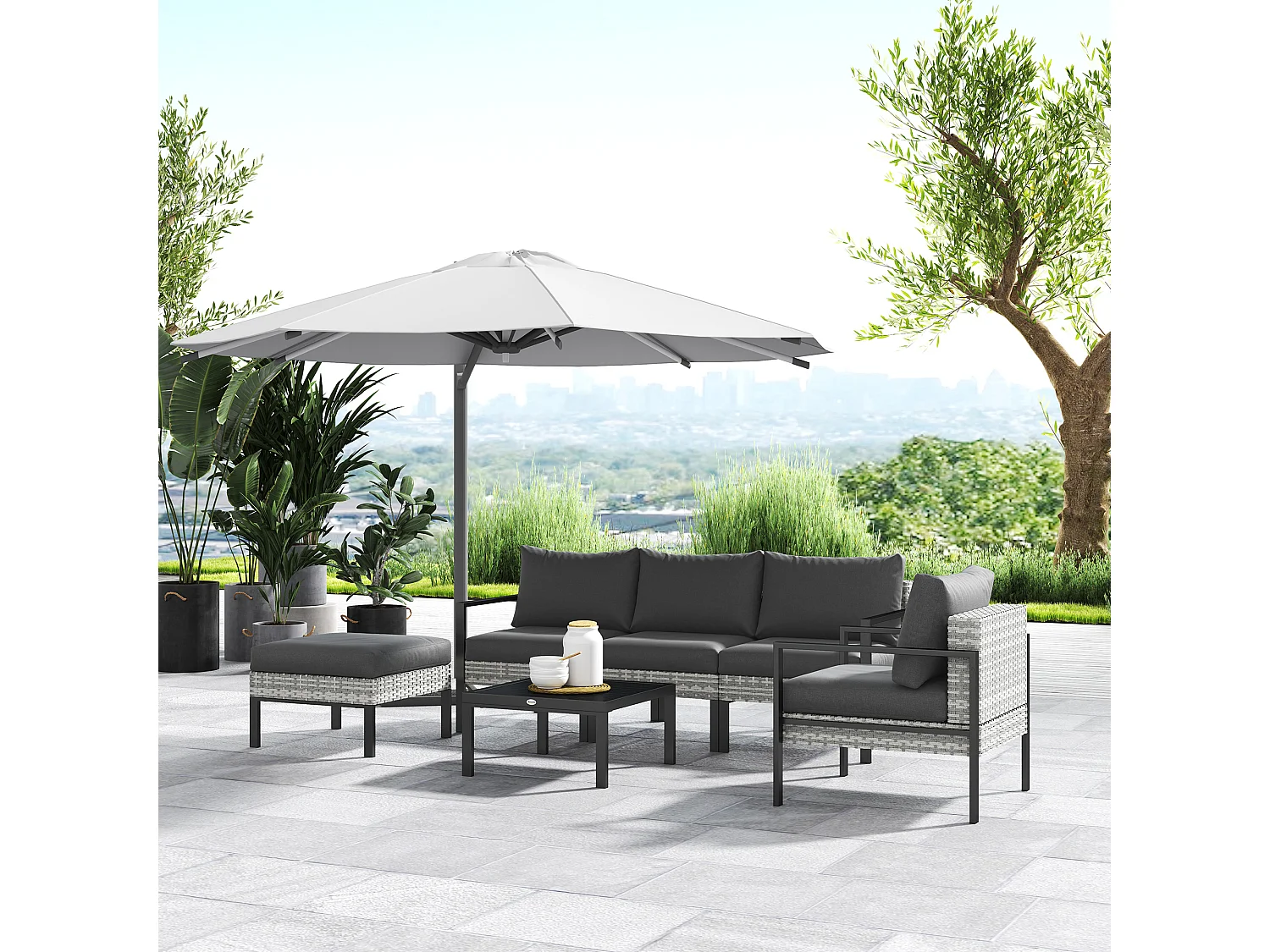 Ensemble salon de jardin 5 places 4 pièces coussins anthracite métal époxy noir résine tressée 2 fils gris