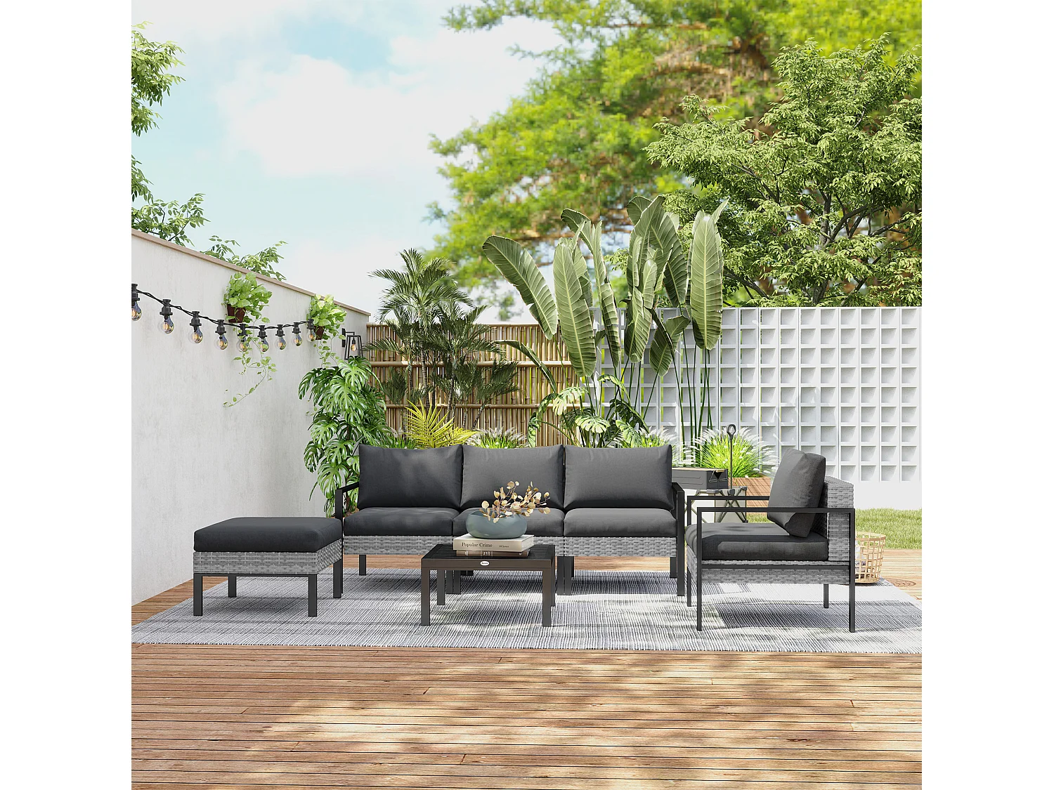 Ensemble salon de jardin 5 places 4 pièces coussins anthracite métal époxy noir résine tressée 2 fils gris