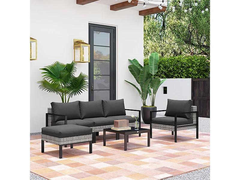 Ensemble salon de jardin 5 places 4 pièces coussins anthracite métal époxy noir résine tressée 2 fils gris