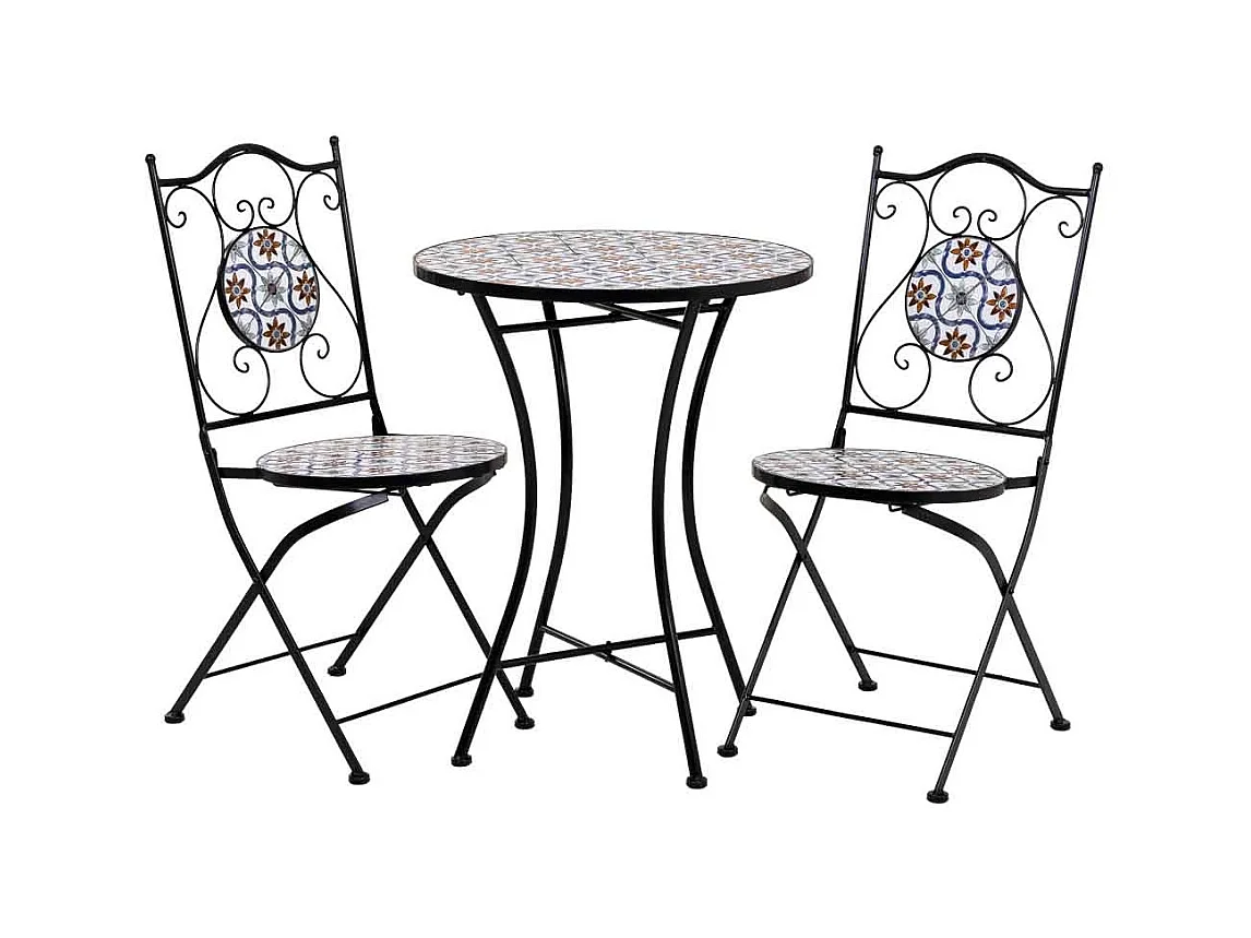 Ensemble table et deux chaises en mosaïque noire et fer forgé
