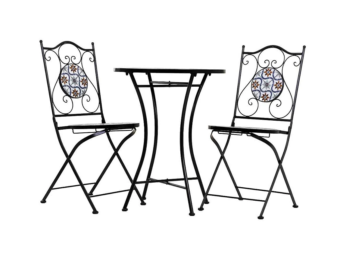 Ensemble table et deux chaises en mosaïque noire et fer forgé