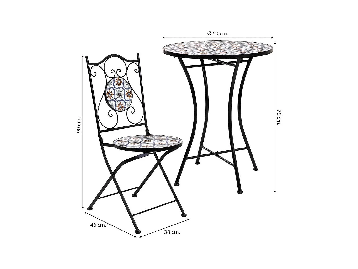 Ensemble table et deux chaises en mosaïque noire et fer forgé