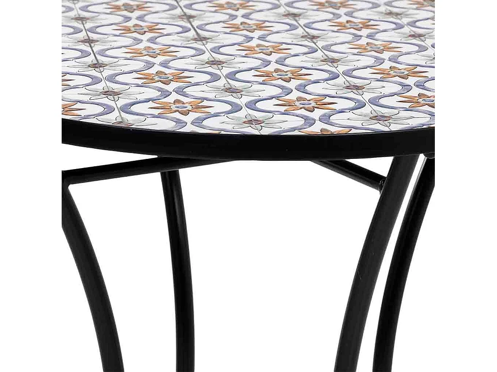 Ensemble table et deux chaises en mosaïque noire et fer forgé