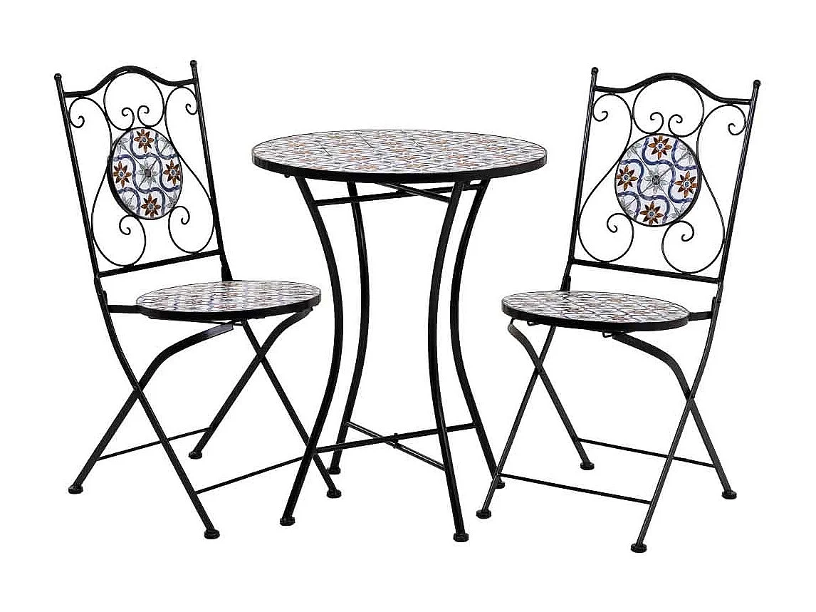 Conjunto de mesa e duas cadeiras em mosaico preto e ferro forjado mesa: D60x75h - cadeira (2): D38x46-90h