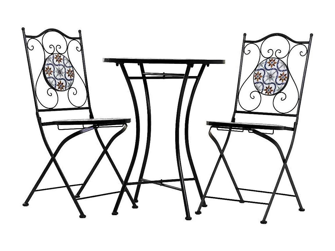 Conjunto de mesa e duas cadeiras em mosaico preto e ferro forjado mesa: D60x75h - cadeira (2): D38x46-90h
