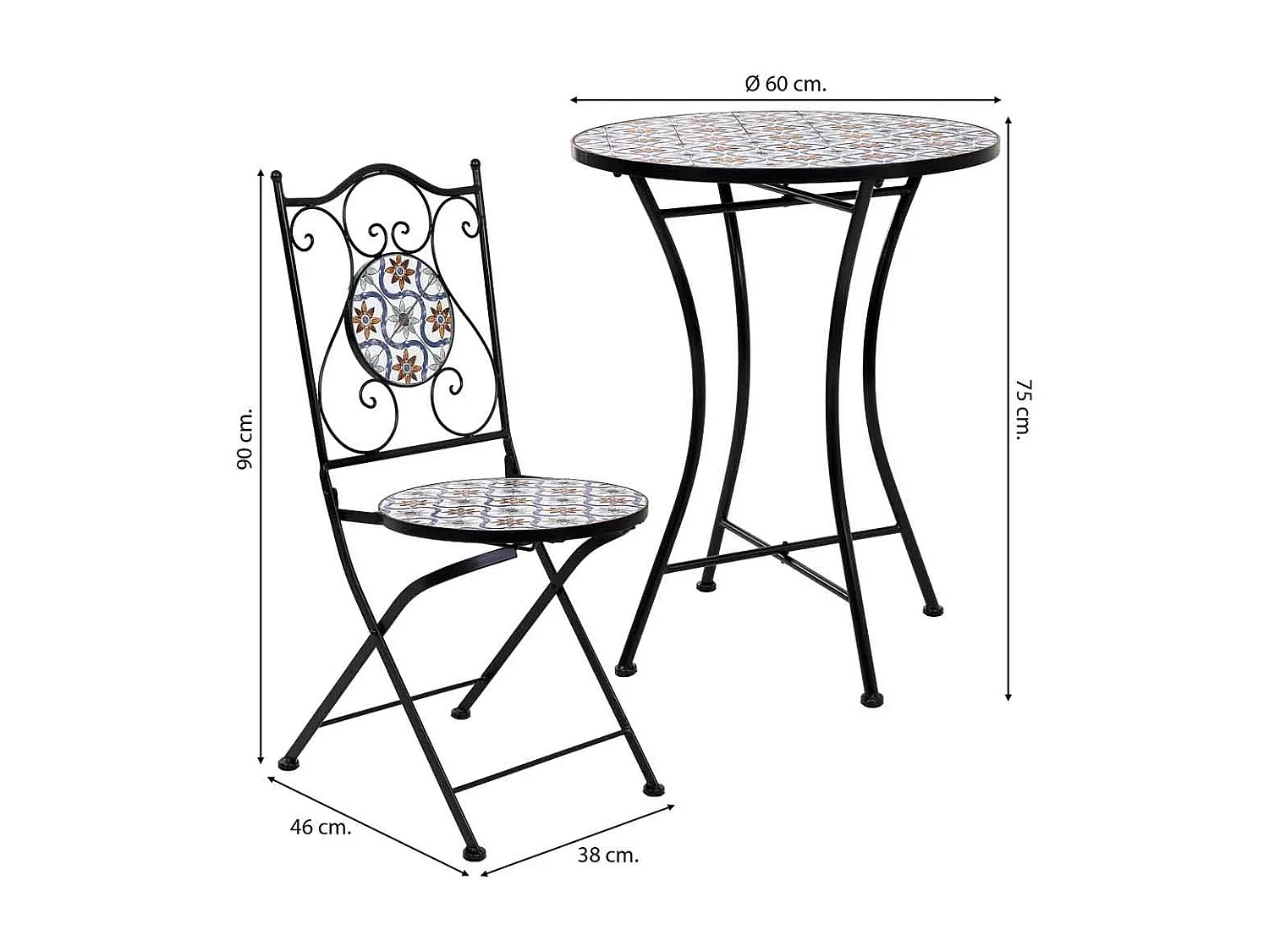 Conjunto de mesa e duas cadeiras em mosaico preto e ferro forjado mesa: D60x75h - cadeira (2): D38x46-90h