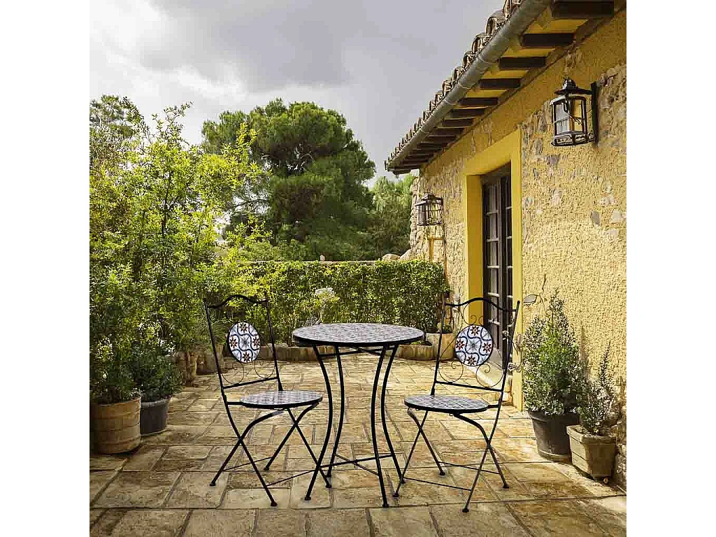 Tisch + 2 Stühlen aus Schmiedeeisen, D60x75/Stühle D38x46-90h Schwarz