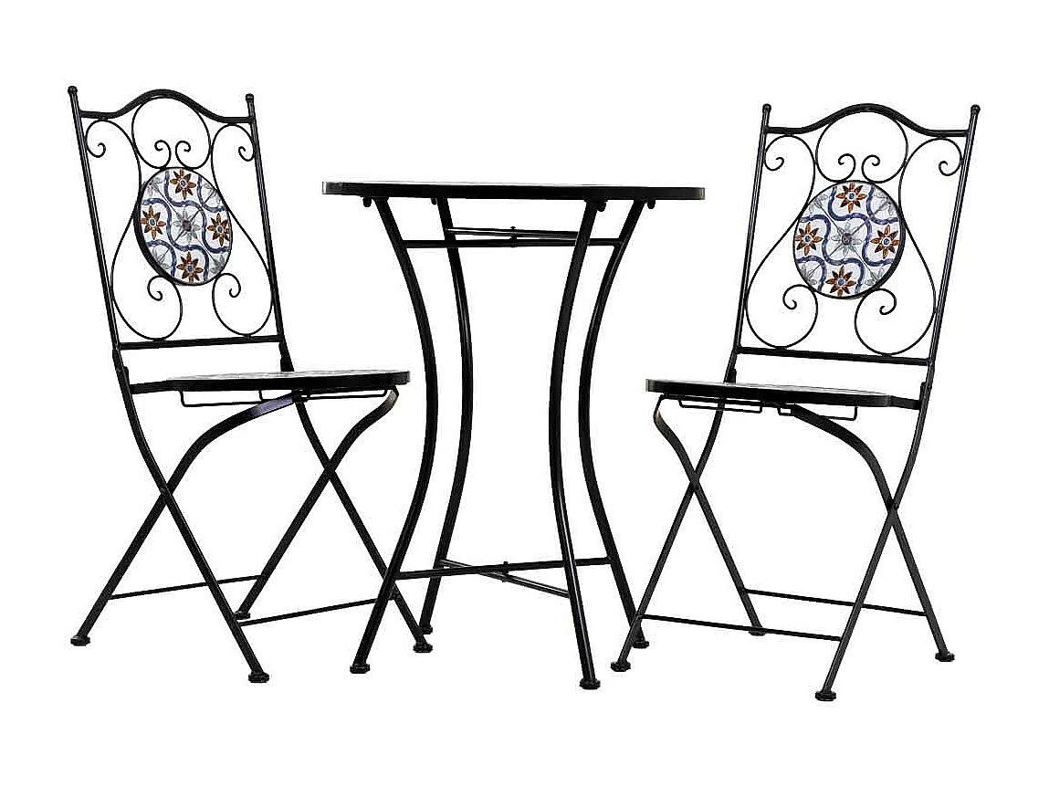 Tisch + 2 Stühlen aus Schmiedeeisen, D60x75/Stühle D38x46-90h Schwarz
