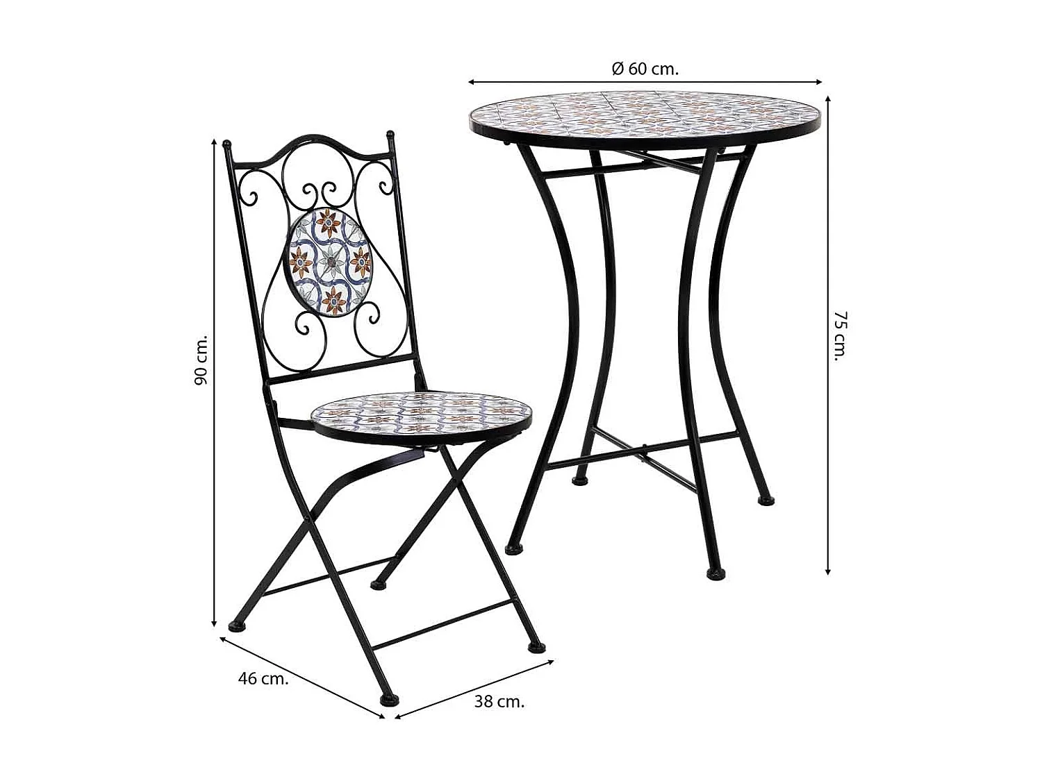 Tisch + 2 Stühlen aus Schmiedeeisen, D60x75/Stühle D38x46-90h Schwarz