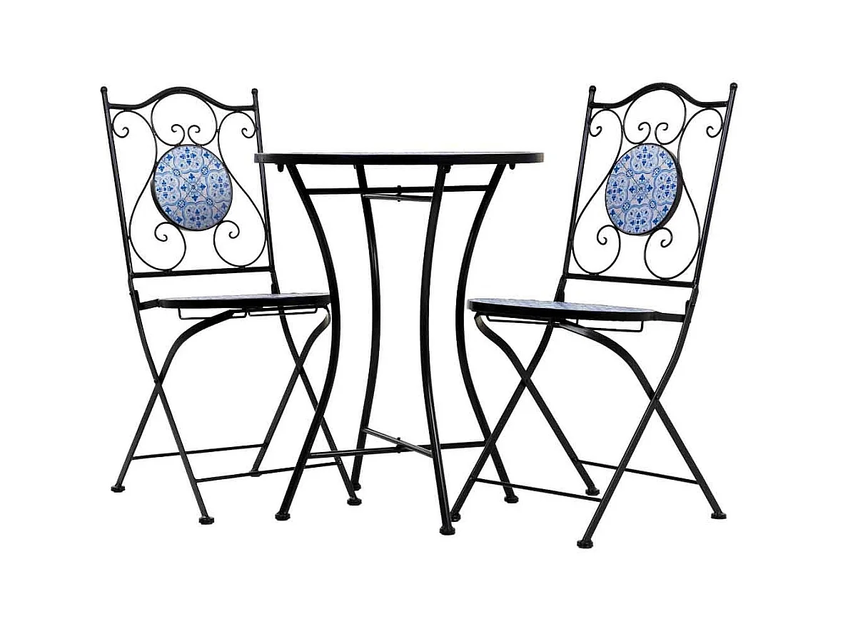 Conjunto de mesa e duas cadeiras em mosaico preto e ferro forjado mesa: D60x75h - cadeira (2): D38x46-90h