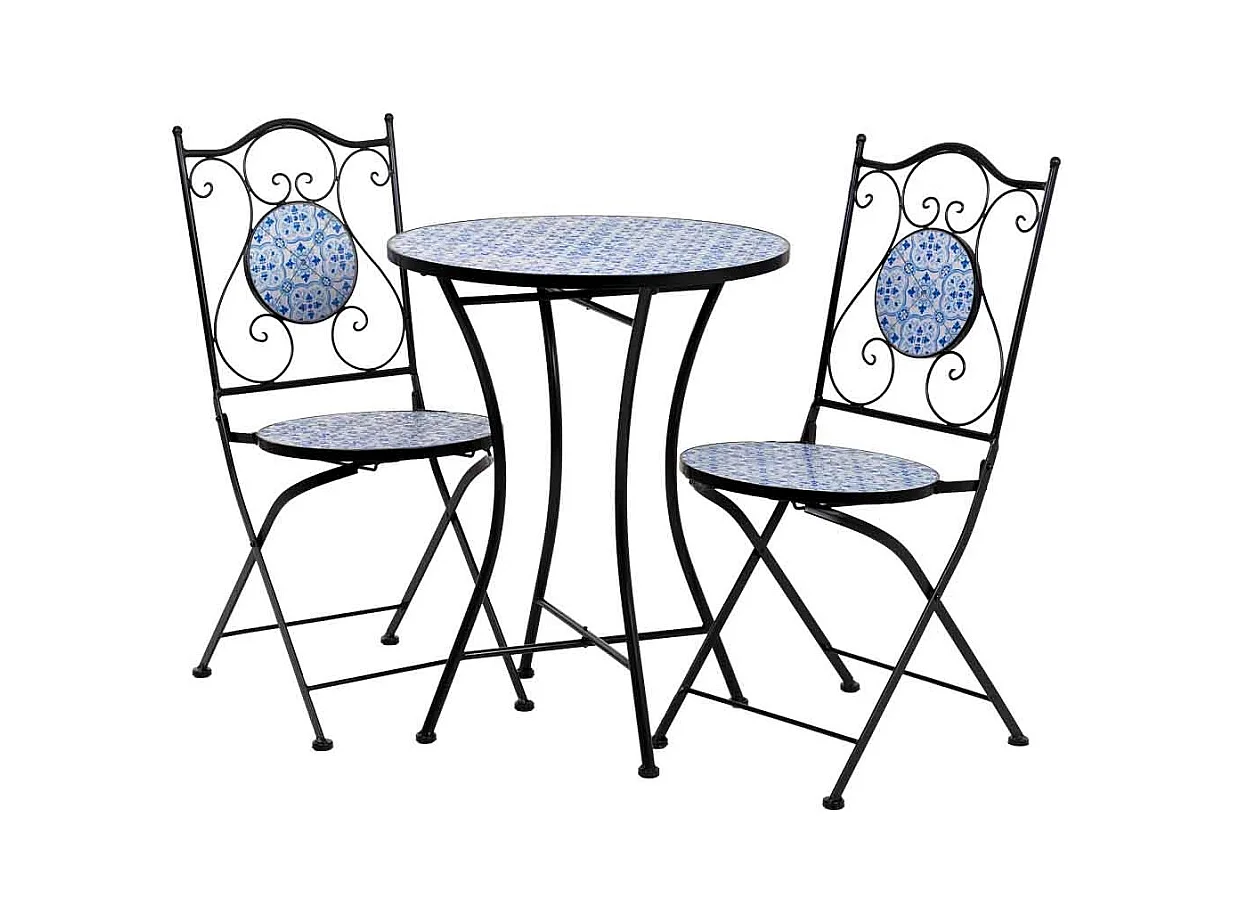 Conjunto de mesa e duas cadeiras em mosaico preto e ferro forjado mesa: D60x75h - cadeira (2): D38x46-90h