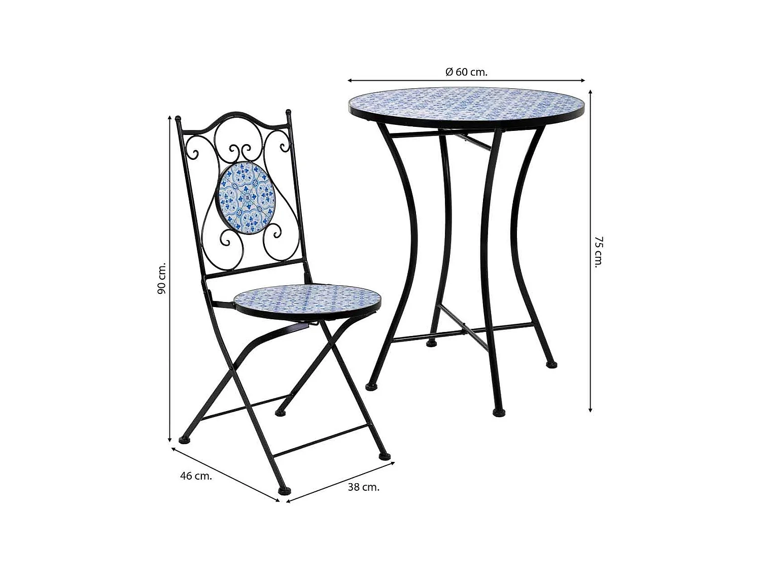 Conjunto de mesa e duas cadeiras em mosaico preto e ferro forjado mesa: D60x75h - cadeira (2): D38x46-90h