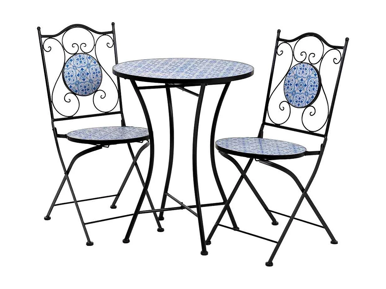 Conjunto de mesa e duas cadeiras em mosaico preto e ferro forjado mesa: D60x75h - cadeira (2): D38x46-90h