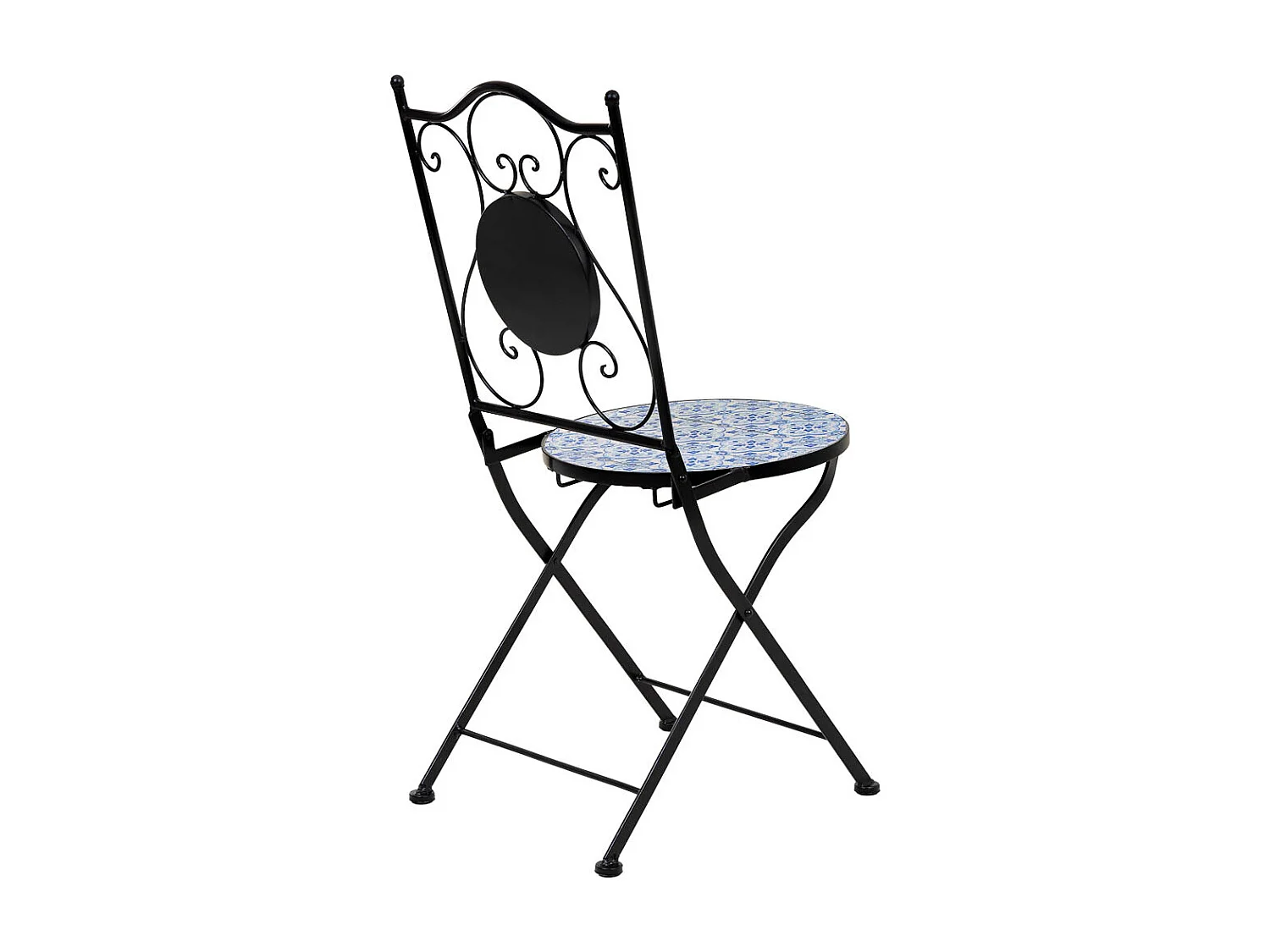 Table et deux chaises en mosaïque noire et fer forgé
