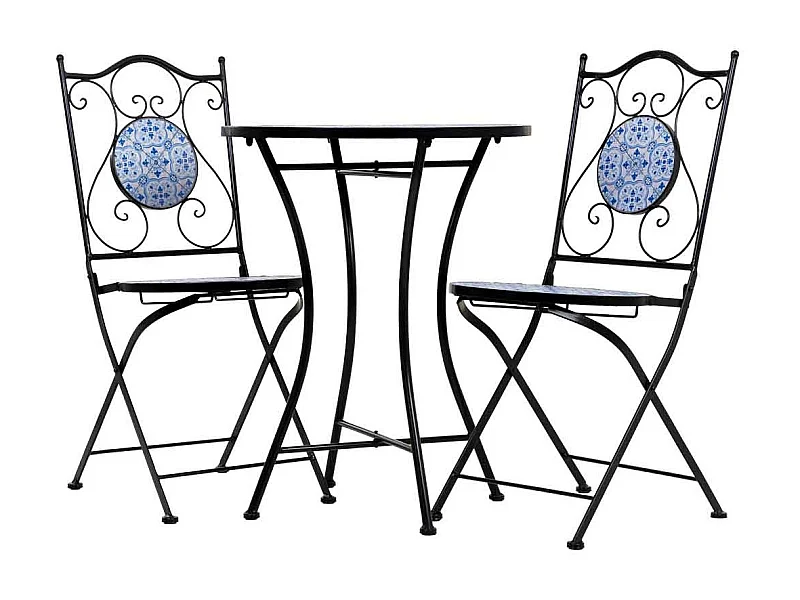 Conjunto de mesa e duas cadeiras em mosaico preto e ferro forjado mesa: D60x75h - cadeira (2): D38x46-90h