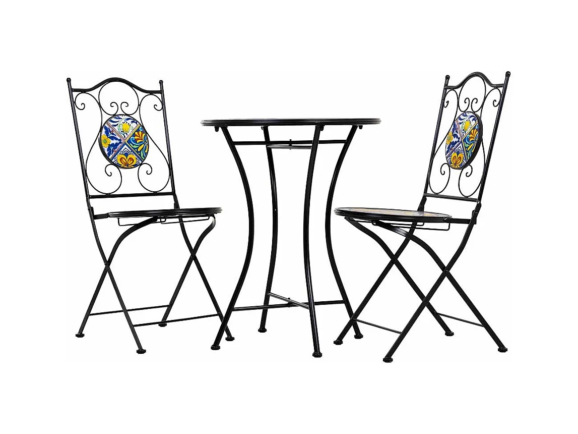 Conjunto de mesa e duas cadeiras em mosaico preto e ferro forjado mesa
