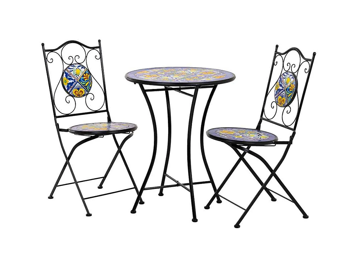 Conjunto de mesa e duas cadeiras em mosaico preto e ferro forjado mesa