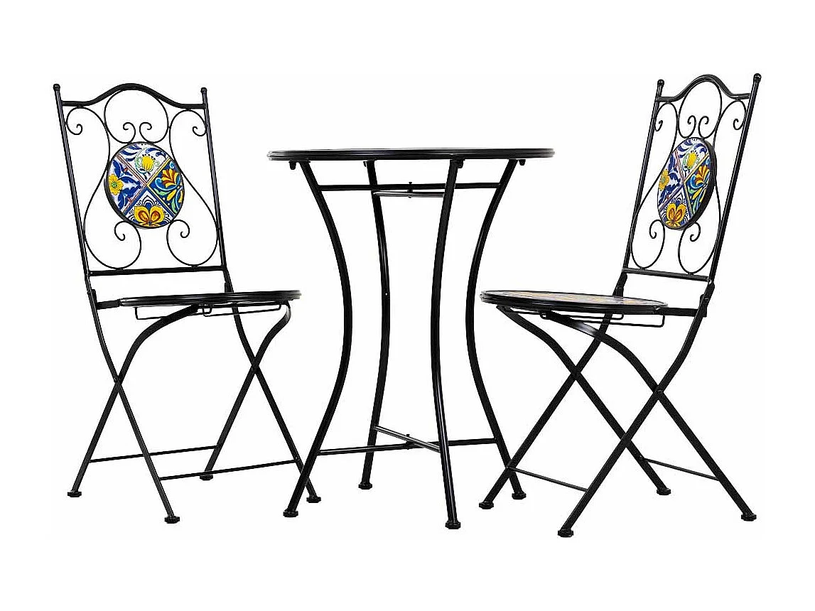 Conjunto de mesa e duas cadeiras em mosaico preto e ferro forjado mesa