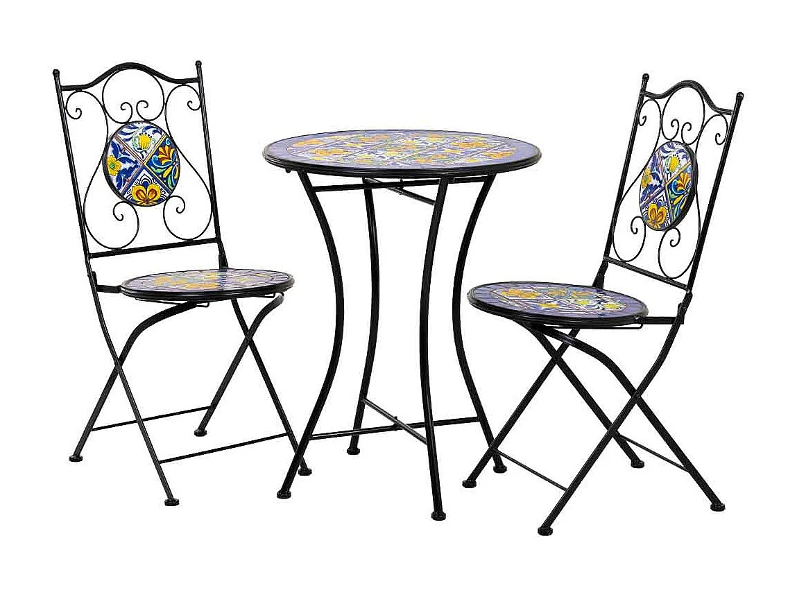 Conjunto de mesa e duas cadeiras em mosaico preto e ferro forjado mesa