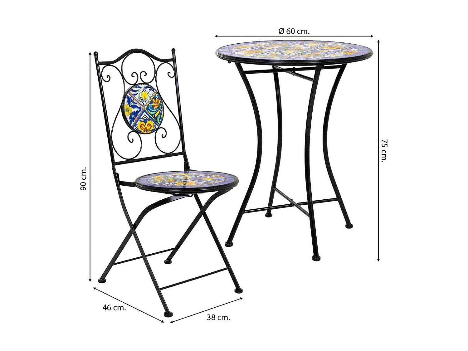 Conjunto de mesa e duas cadeiras em mosaico preto e ferro forjado mesa