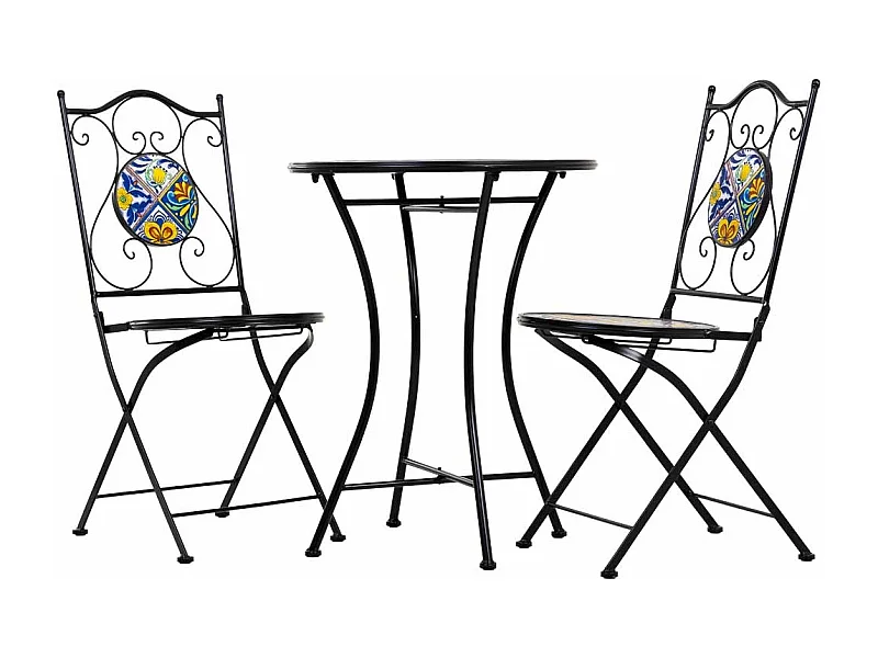 Conjunto de mesa e duas cadeiras em mosaico preto e ferro forjado mesa