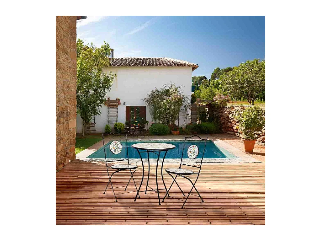 Conjunto de mesa e duas cadeiras em mosaico preto e ferro forjado mesa: D60x75h - cadeira (2): D38x46-90h