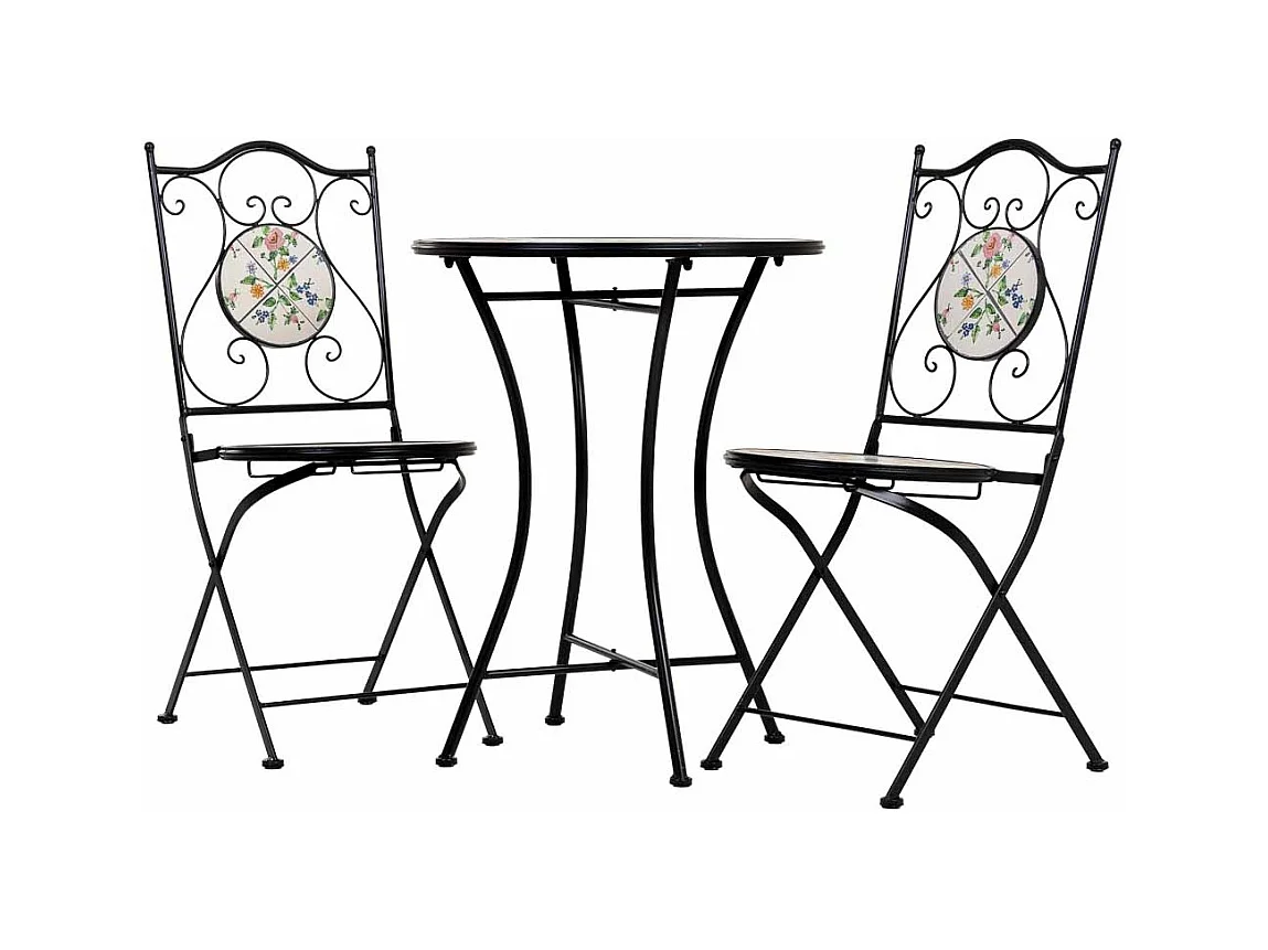 Conjunto de mesa e duas cadeiras em mosaico preto e ferro forjado mesa: D60x75h - cadeira (2): D38x46-90h