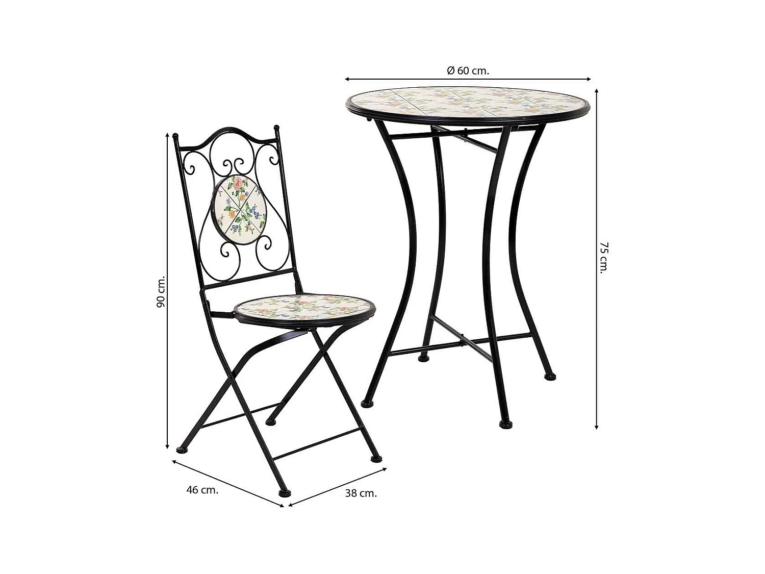 Conjunto de mesa e duas cadeiras em mosaico preto e ferro forjado mesa: D60x75h - cadeira (2): D38x46-90h