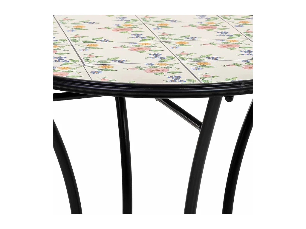 Conjunto de mesa e duas cadeiras em mosaico preto e ferro forjado mesa: D60x75h - cadeira (2): D38x46-90h
