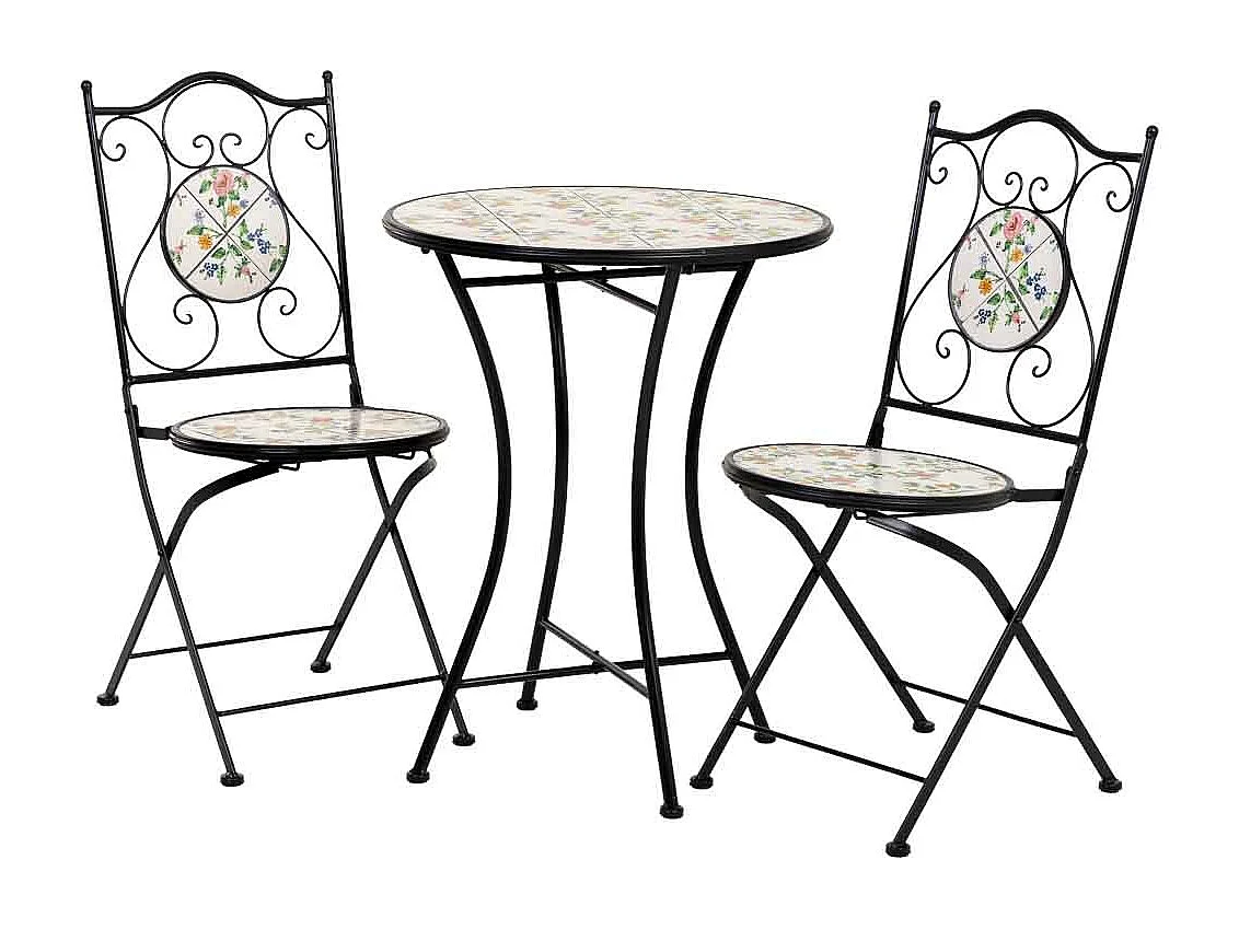 Conjunto de mesa e duas cadeiras em mosaico preto e ferro forjado mesa: D60x75h - cadeira (2): D38x46-90h