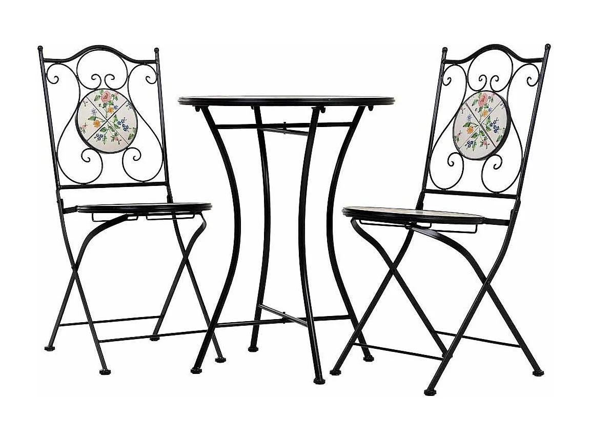 Conjunto de mesa e duas cadeiras em mosaico preto e ferro forjado mesa: D60x75h - cadeira (2): D38x46-90h