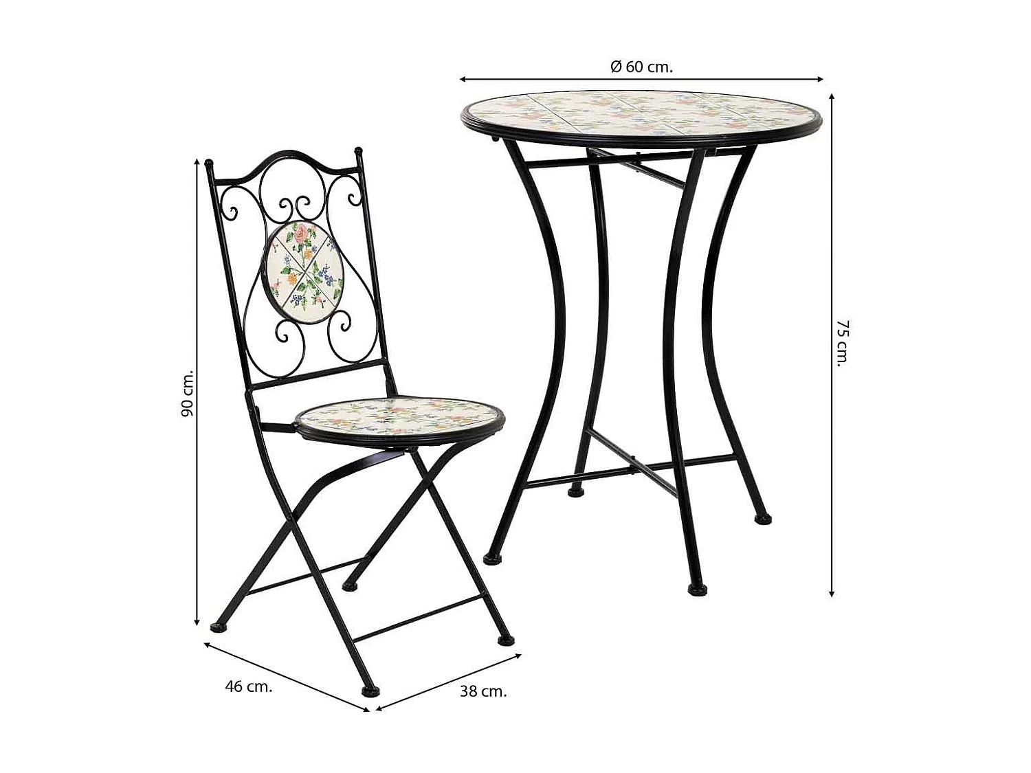Conjunto de mesa e duas cadeiras em mosaico preto e ferro forjado mesa: D60x75h - cadeira (2): D38x46-90h