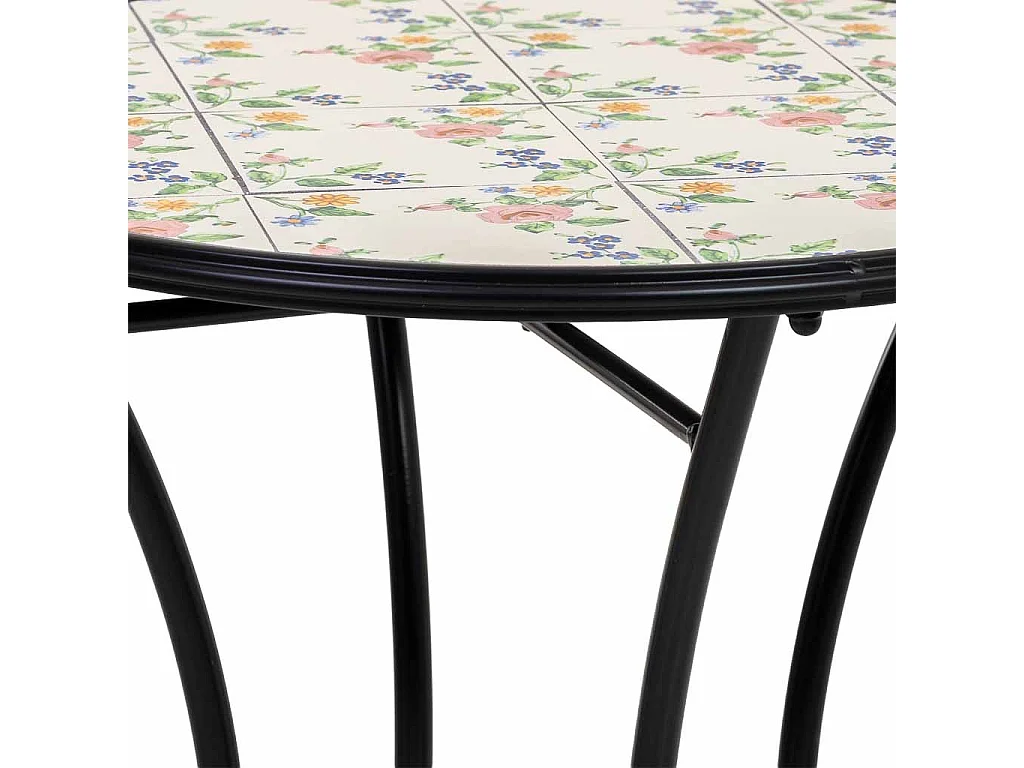 Conjunto de mesa e duas cadeiras em mosaico preto e ferro forjado mesa: D60x75h - cadeira (2): D38x46-90h