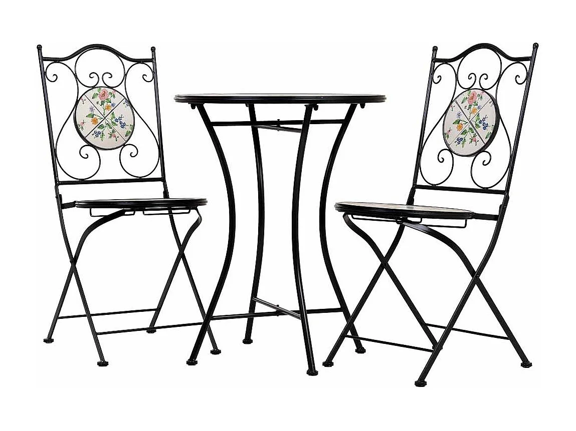 Conjunto de mesa e duas cadeiras em mosaico preto e ferro forjado mesa: D60x75h - cadeira (2): D38x46-90h
