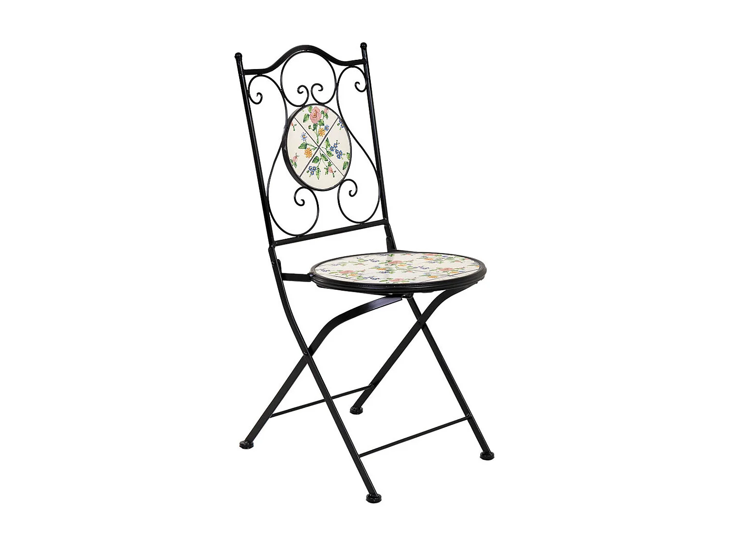 Conjunto de mesa e duas cadeiras em mosaico preto e ferro forjado mesa: D60x75h - cadeira (2): D38x46-90h