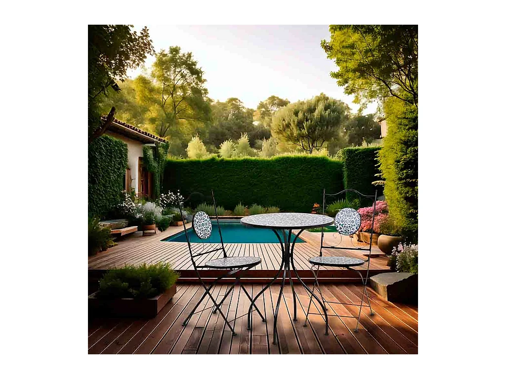 Conjunto de mesa e duas cadeiras em mosaico preto e ferro forjado mesa: D60x75h - cadeira (2): D38x46-90h