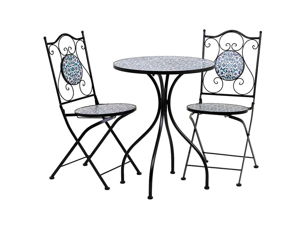 Conjunto de mesa e duas cadeiras em mosaico preto e ferro forjado mesa: D60x75h - cadeira (2): D38x46-90h