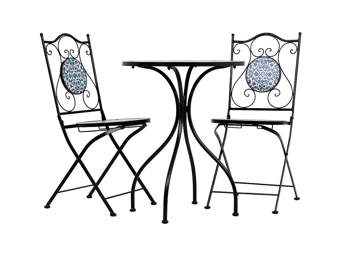 Conjunto de mesa e duas cadeiras em mosaico preto e ferro forjado mesa: D60x75h - cadeira (2): D38x46-90h