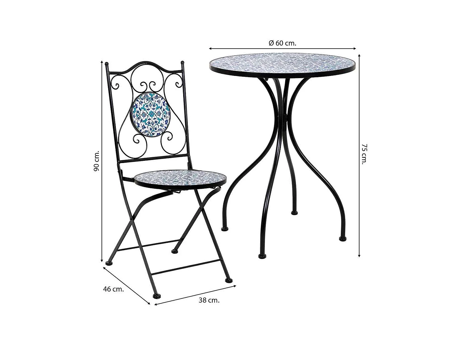 Conjunto de mesa e duas cadeiras em mosaico preto e ferro forjado mesa: D60x75h - cadeira (2): D38x46-90h