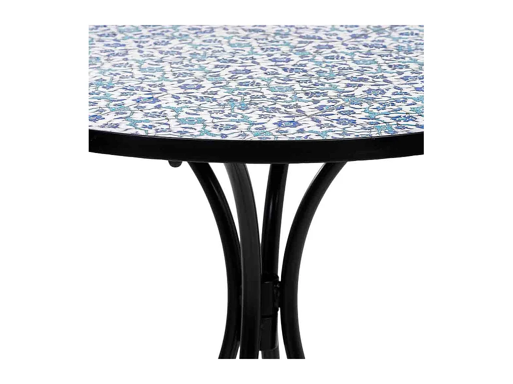 Conjunto de mesa e duas cadeiras em mosaico preto e ferro forjado mesa: D60x75h - cadeira (2): D38x46-90h