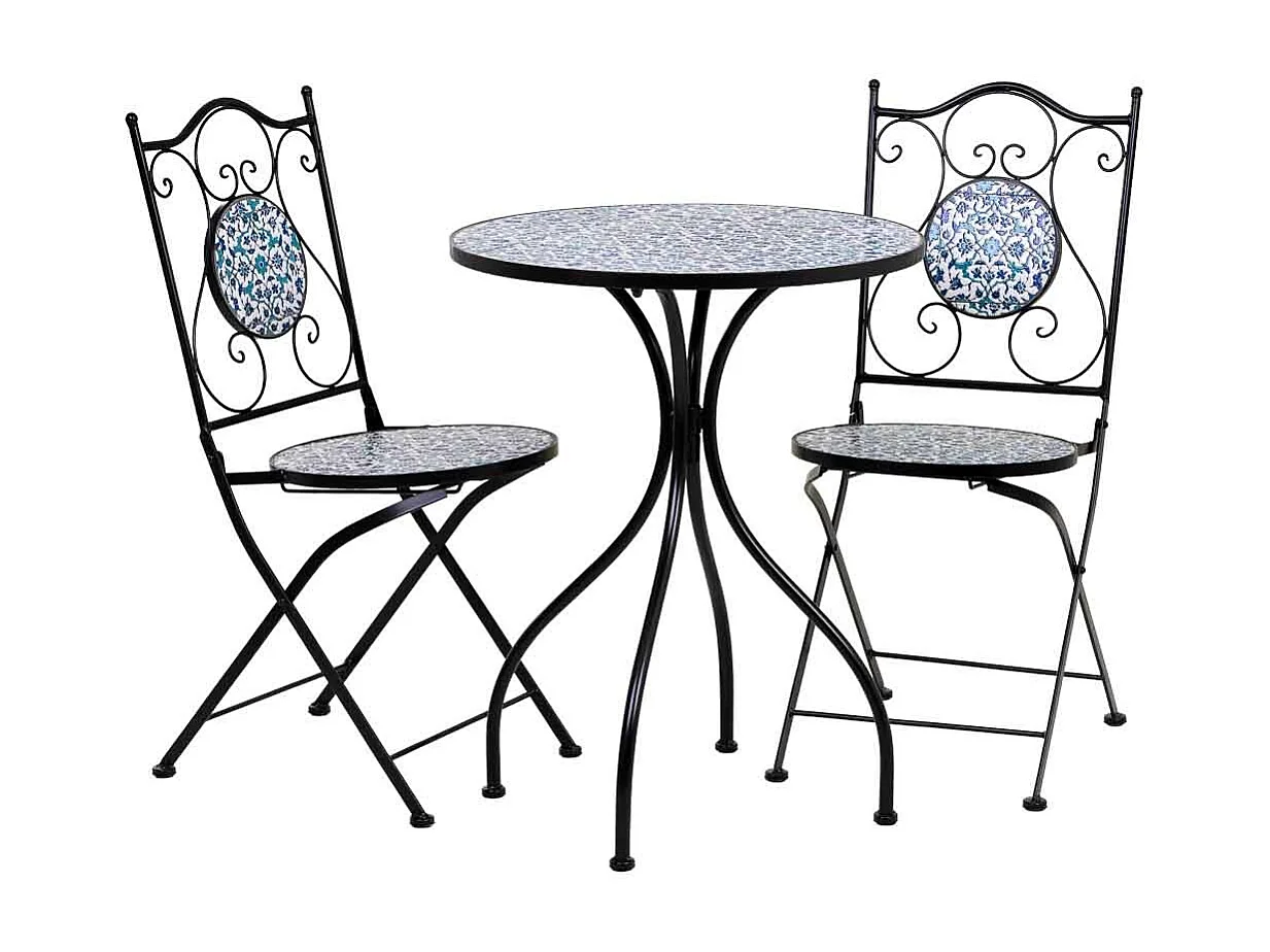 Conjunto de mesa e duas cadeiras em mosaico preto e ferro forjado mesa: D60x75h - cadeira (2): D38x46-90h