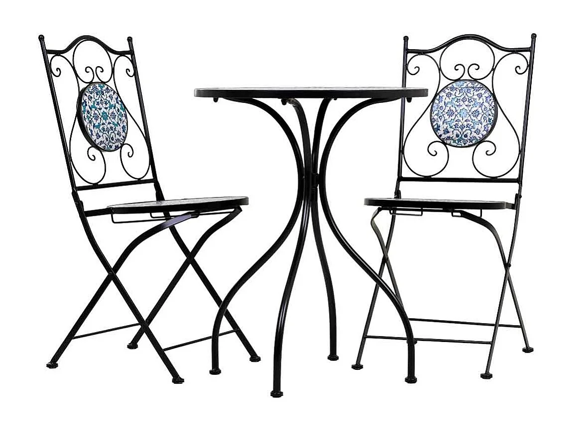 Conjunto de mesa e duas cadeiras em mosaico preto e ferro forjado mesa: D60x75h - cadeira (2): D38x46-90h