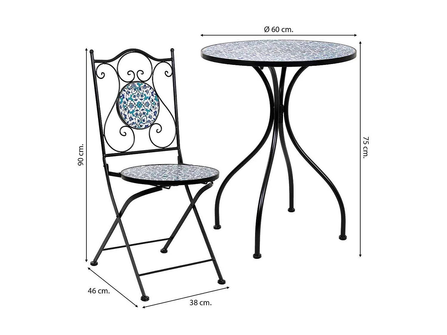 Conjunto de mesa e duas cadeiras em mosaico preto e ferro forjado mesa: D60x75h - cadeira (2): D38x46-90h