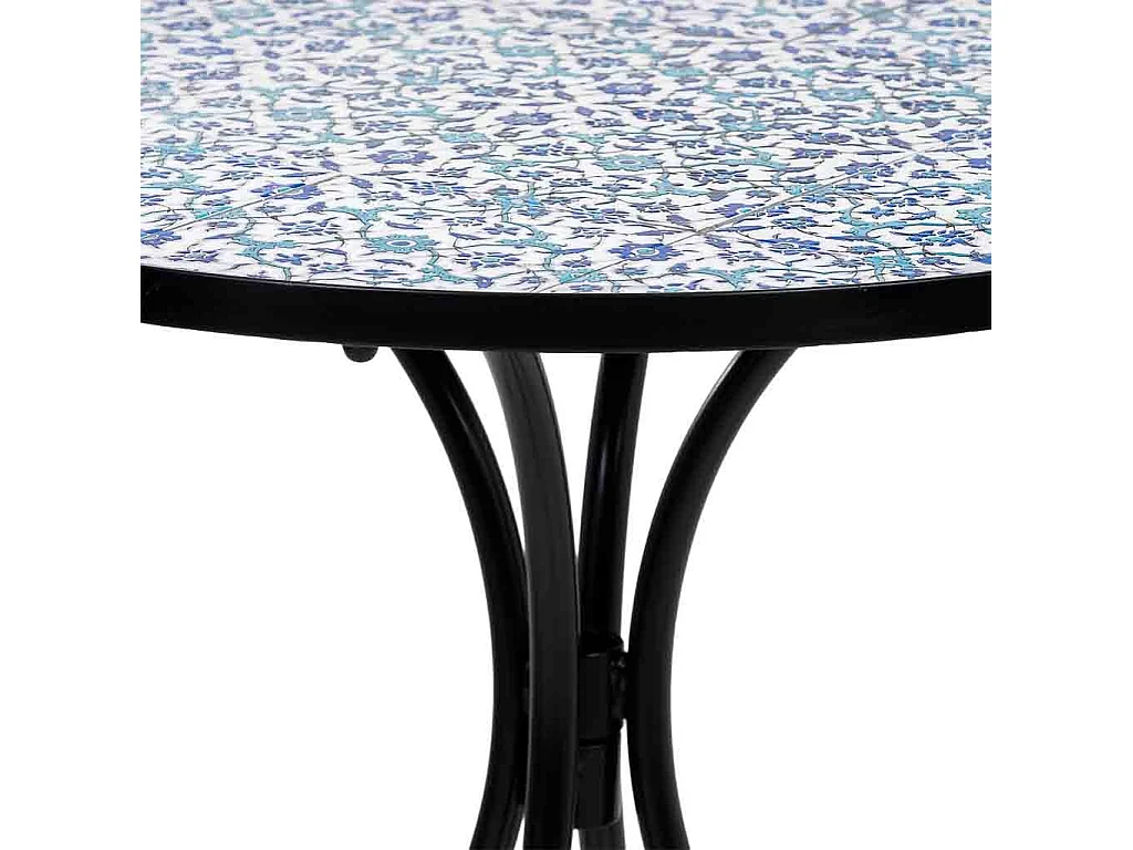 Conjunto de mesa e duas cadeiras em mosaico preto e ferro forjado mesa: D60x75h - cadeira (2): D38x46-90h