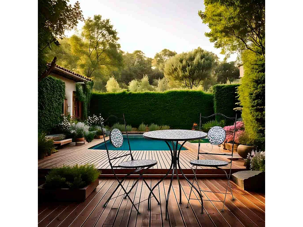 Tisch + 2 Stühlen aus Schmiedeeisen, D60x75/Stühle D38x46-90h Schwarz