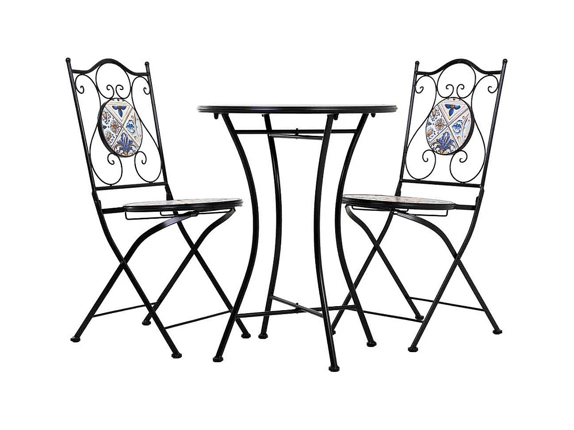 Conjunto de mesa e duas cadeiras em mosaico preto e ferro forjado mesa: D60x75h - cadeira (2): D38x46-90h