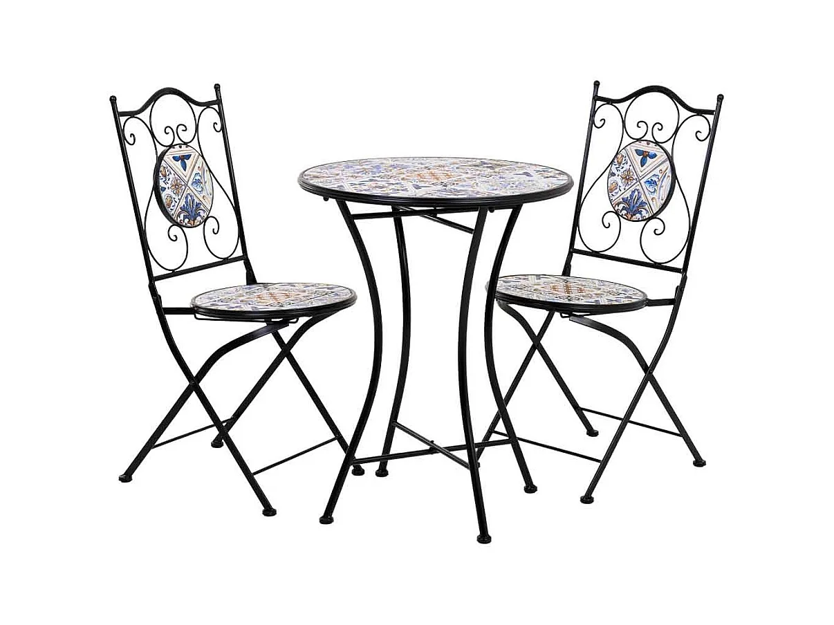 Conjunto de mesa e duas cadeiras em mosaico preto e ferro forjado mesa: D60x75h - cadeira (2): D38x46-90h